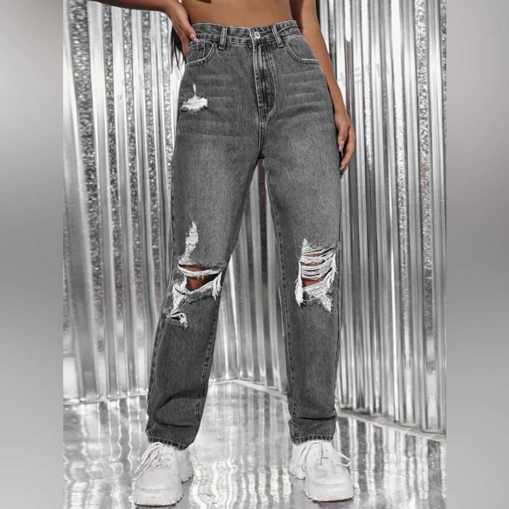 Shein ICON Ripped Detail Straight Leg Jeans